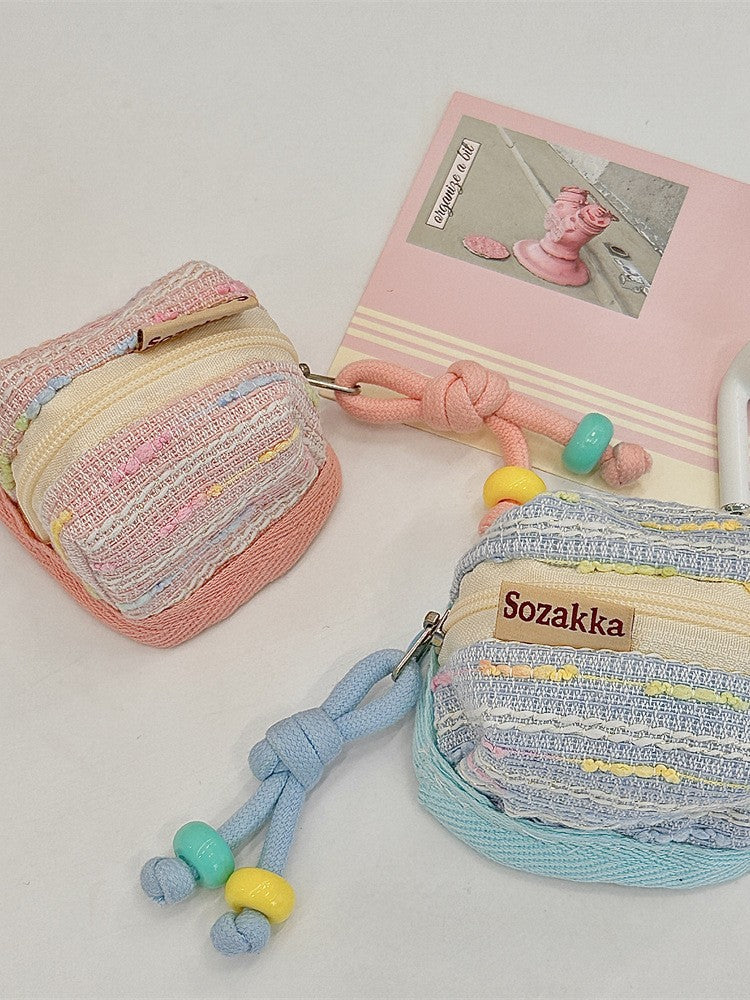 3pc Chic Woven Mini Backpack Pouch - Earphone Case & Coin Purse with Keychain Lanyard(pink) V888-ELOSUNG35920