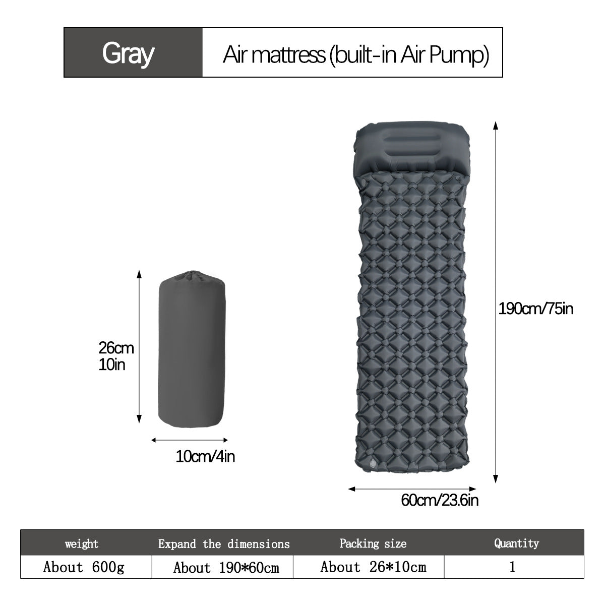 2pc Ultralight Inflatable Camping Sleeping Mat with Integrated Pillow - Waterproof 40D Nylon TPU(Grey) V888-ELOSUNG35937