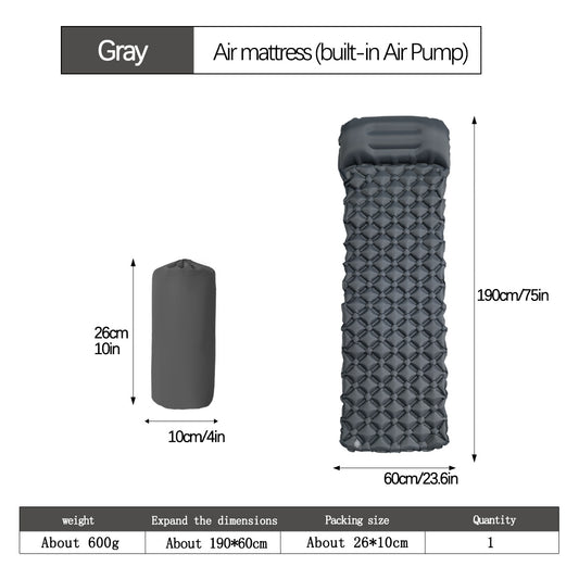 2pc Ultralight Inflatable Camping Sleeping Mat with Integrated Pillow - Waterproof 40D Nylon TPU(Grey) V888-ELOSUNG35937