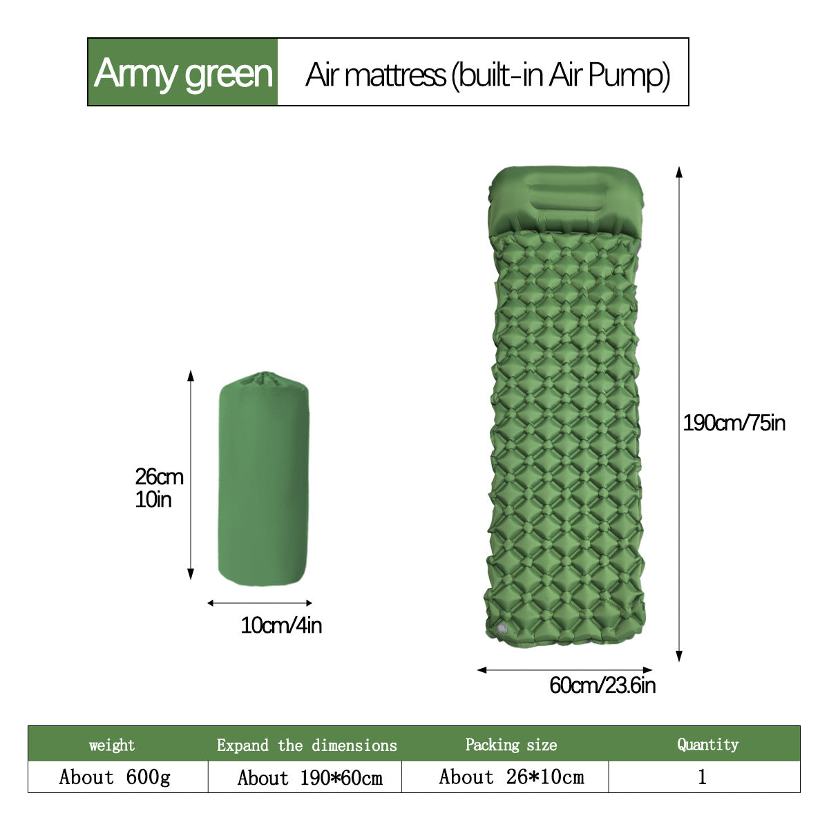 2pc Ultralight Inflatable Camping Sleeping Mat with Integrated Pillow - Waterproof 40D Nylon TPU(Army Green) V888-ELOSUNG35938