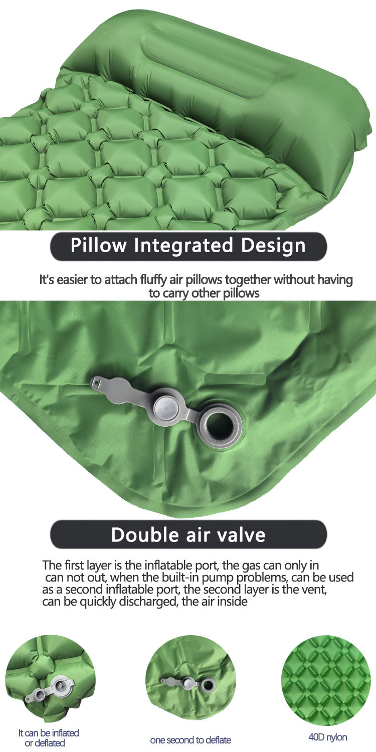 2pc Ultralight Inflatable Camping Sleeping Mat with Integrated Pillow - Waterproof 40D Nylon TPU(Army Green) V888-ELOSUNG35938