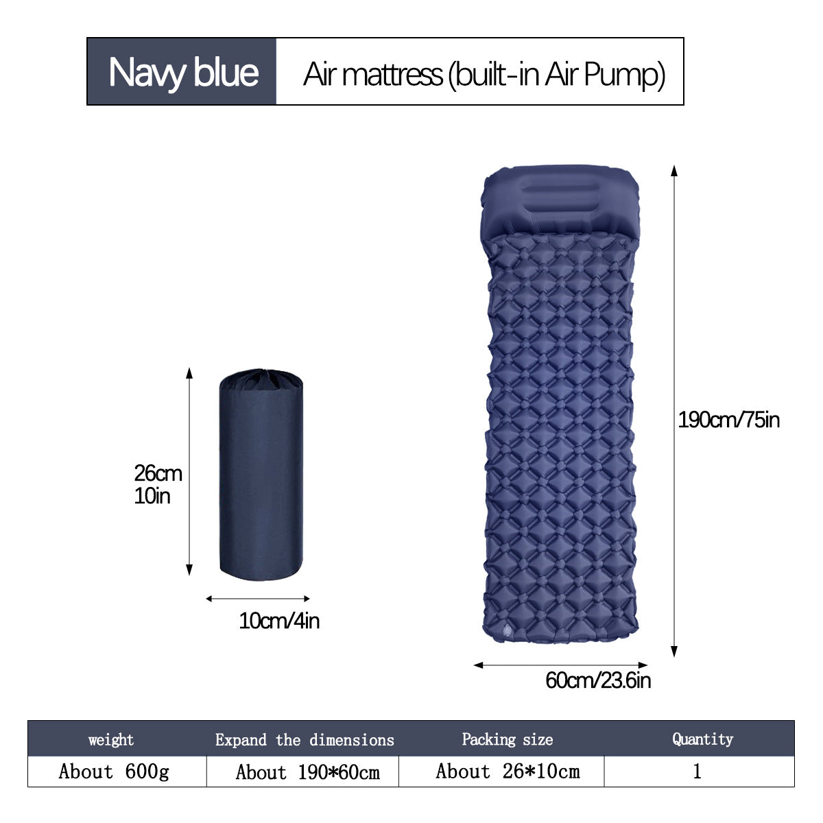 2pc Ultralight Inflatable Camping Sleeping Mat with Integrated Pillow - Waterproof 40D Nylon TPU(Navy Blue) V888-ELOSUNG35942