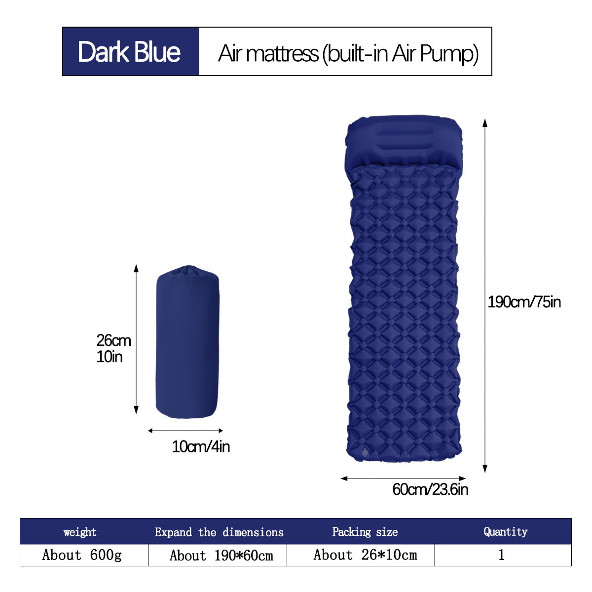 2pc Ultralight Inflatable Camping Sleeping Mat with Integrated Pillow - Waterproof 40D Nylon TPU(Dark Blue) V888-ELOSUNG35943