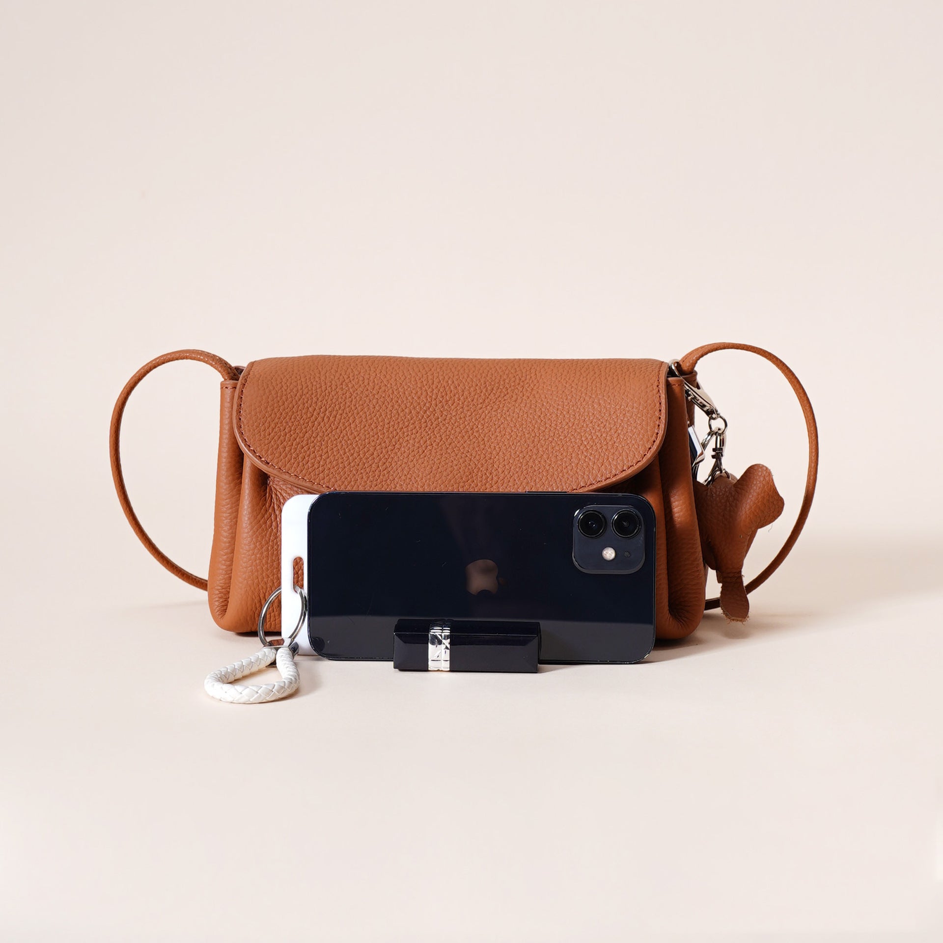 Genuine Leather Flap Crossbody Bag with Elephant Charm - Compact & Stylish Shoulder Purse(White) V888-ELOSUNG35964