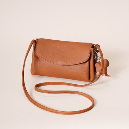 Genuine Leather Flap Crossbody Bag with Elephant Charm - Compact & Stylish Shoulder Purse(Golden brown) V888-ELOSUNG35965