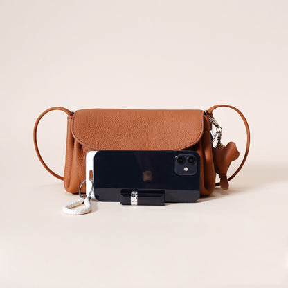 Genuine Leather Flap Crossbody Bag with Elephant Charm - Compact & Stylish Shoulder Purse(Golden brown) V888-ELOSUNG35965