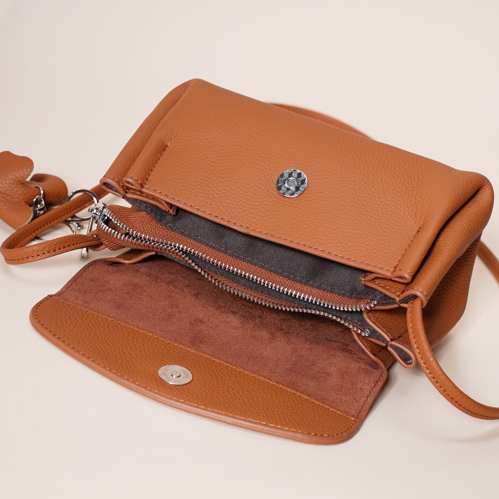 Genuine Leather Flap Crossbody Bag with Elephant Charm - Compact & Stylish Shoulder Purse(Golden brown) V888-ELOSUNG35965