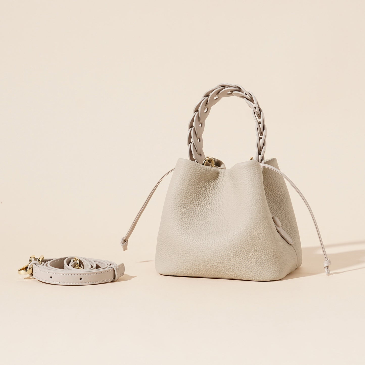 Genuine Leather Mini Bucket Bag with Braided Handle - Chic Drawstring Crossbody Purse(white) V888-ELOSUNG35982