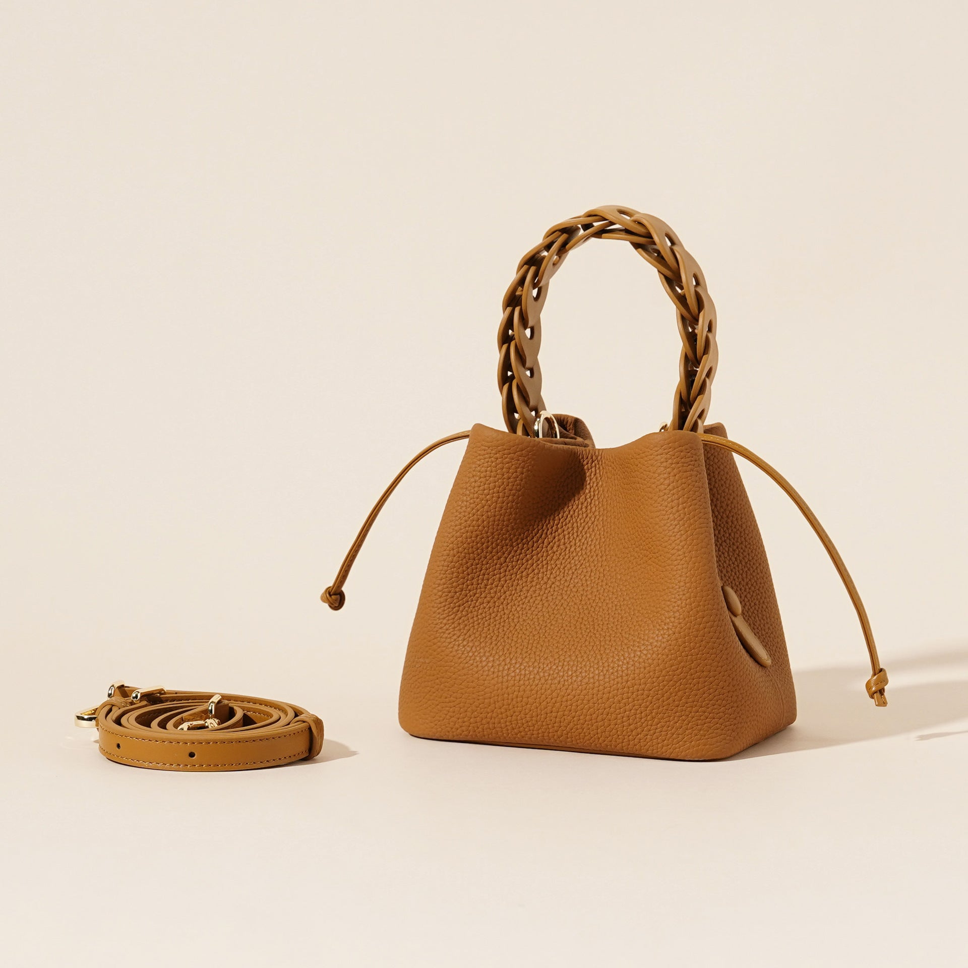 Genuine Leather Mini Bucket Bag with Braided Handle - Chic Drawstring Crossbody Purse(Biscuit) V888-ELOSUNG35983