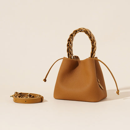Genuine Leather Mini Bucket Bag with Braided Handle - Chic Drawstring Crossbody Purse(Biscuit) V888-ELOSUNG35983