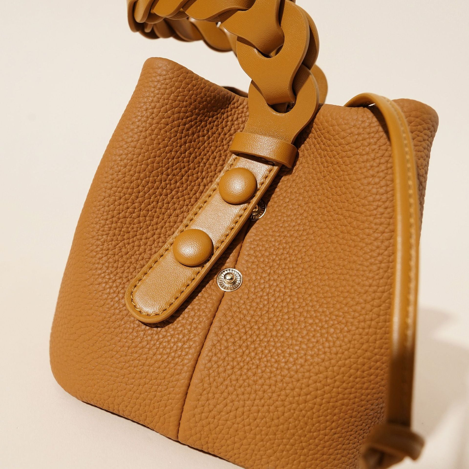 Genuine Leather Mini Bucket Bag with Braided Handle - Chic Drawstring Crossbody Purse(Gray) V888-ELOSUNG35984