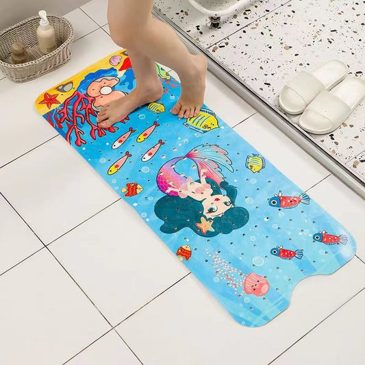 Non-Slip PVC Bath & Shower Mat with Suction Cups and Drainage Holes - Cartoon Ocean Theme(Dark-haired Mermaid) V888-ELOSUNG35990