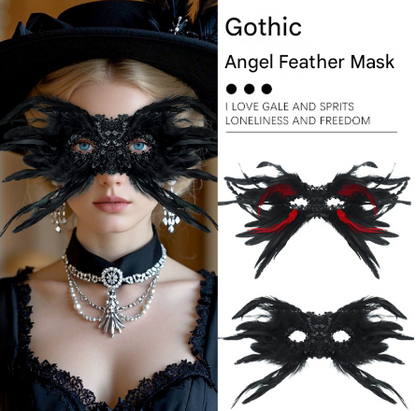 Black Mysterious Gothic Feather Masquerade Mask - Black Angel Wing Venetian Party Costume V888-ELOSUNG36000