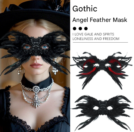 Black Mysterious Gothic Feather Masquerade Mask - Black Angel Wing Venetian Party Costume V888-ELOSUNG36000