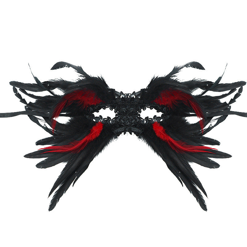 Red and Black Mysterious Gothic Feather Masquerade Mask - Black Angel Wing Venetian Party Costume V888-ELOSUNG36001