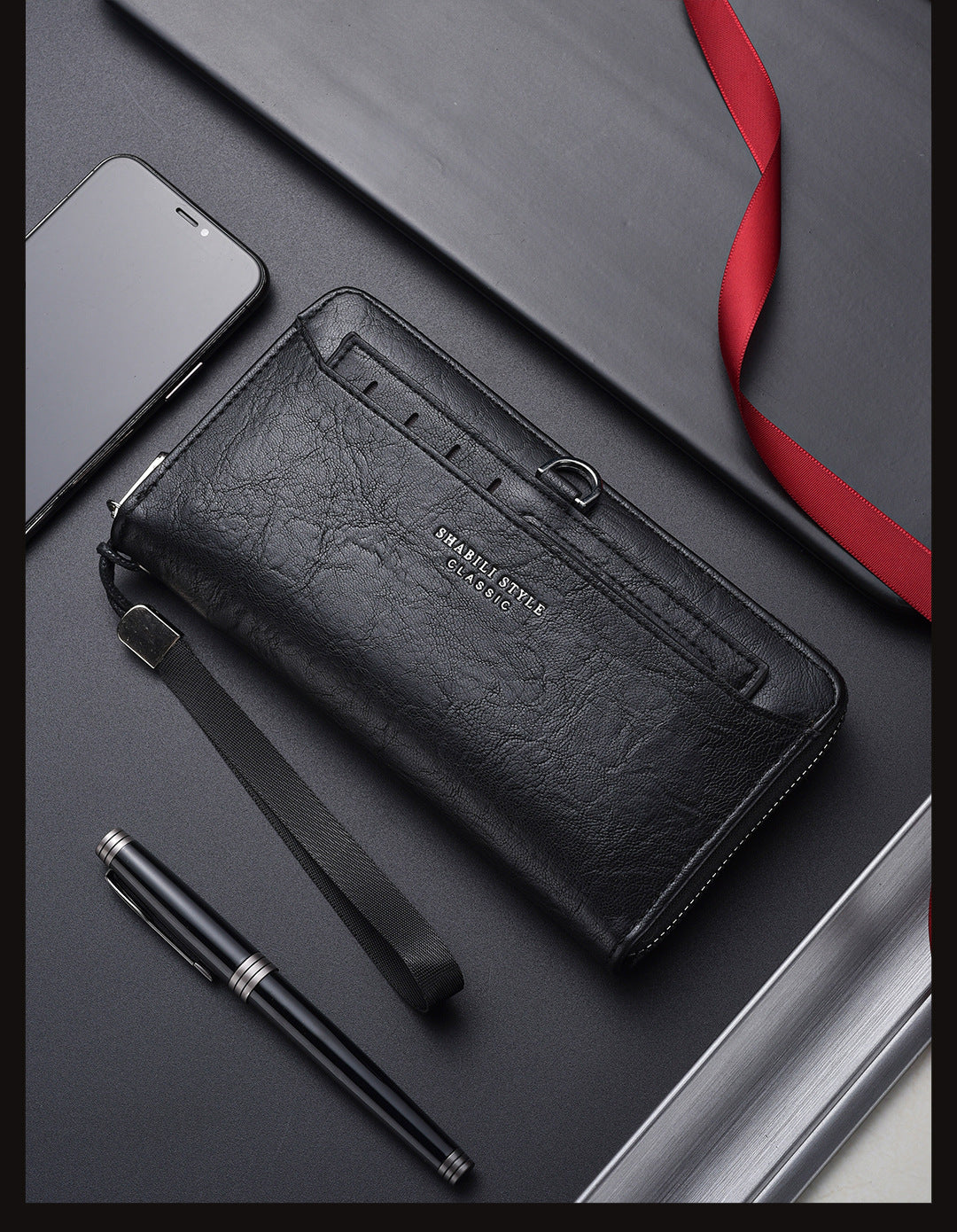 Black Classic Long Zipper Wallet Clutch - Large Capacity PU Leather Phone & Card Holder with Wrist Strap V888-ELOSUNG36002