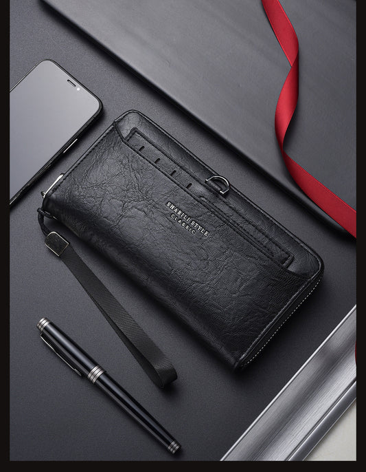 Black Classic Long Zipper Wallet Clutch - Large Capacity PU Leather Phone & Card Holder with Wrist Strap V888-ELOSUNG36002