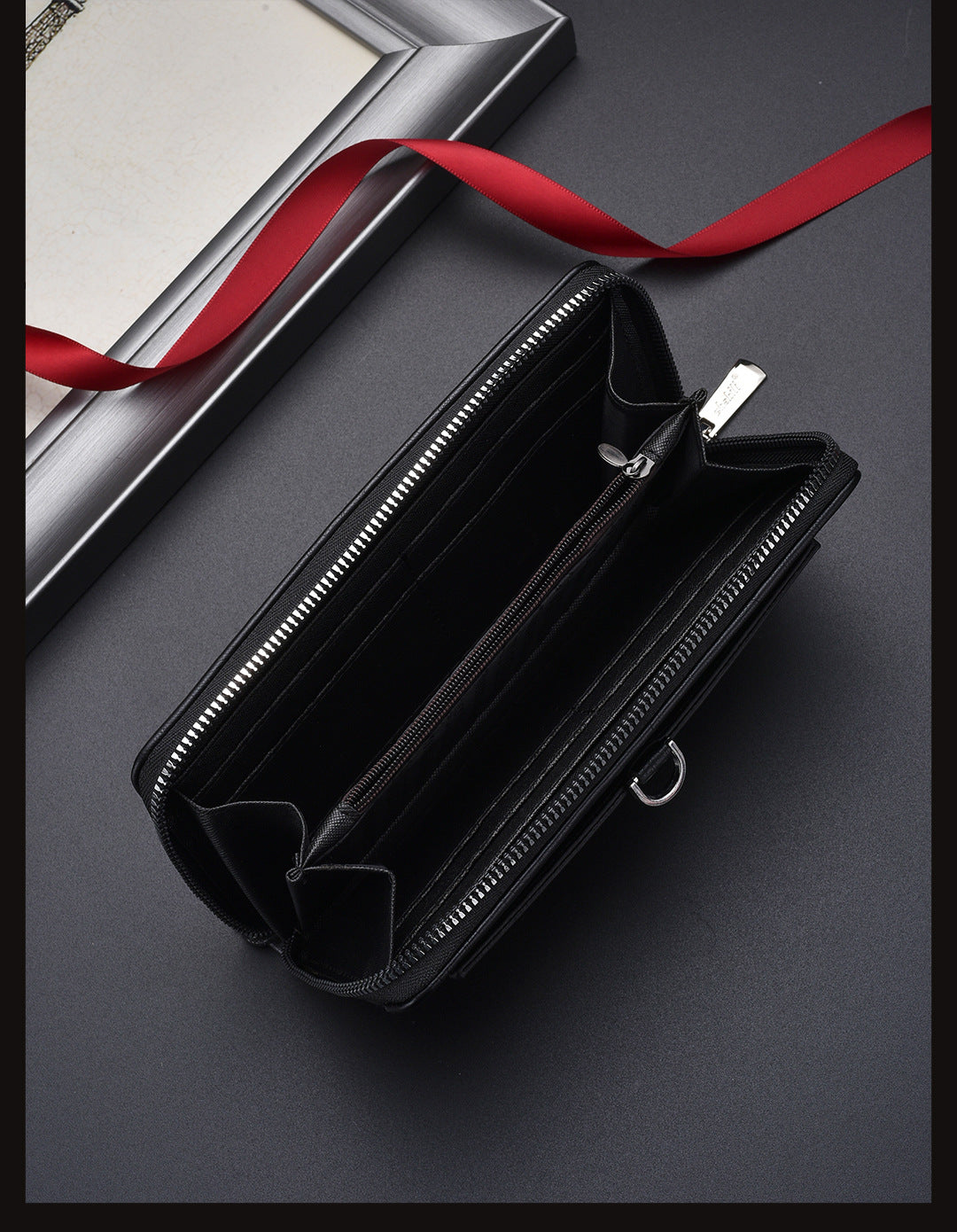 Black Classic Long Zipper Wallet Clutch - Large Capacity PU Leather Phone & Card Holder with Wrist Strap V888-ELOSUNG36002