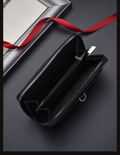 Black Classic Long Zipper Wallet Clutch - Large Capacity PU Leather Phone & Card Holder with Wrist Strap V888-ELOSUNG36002