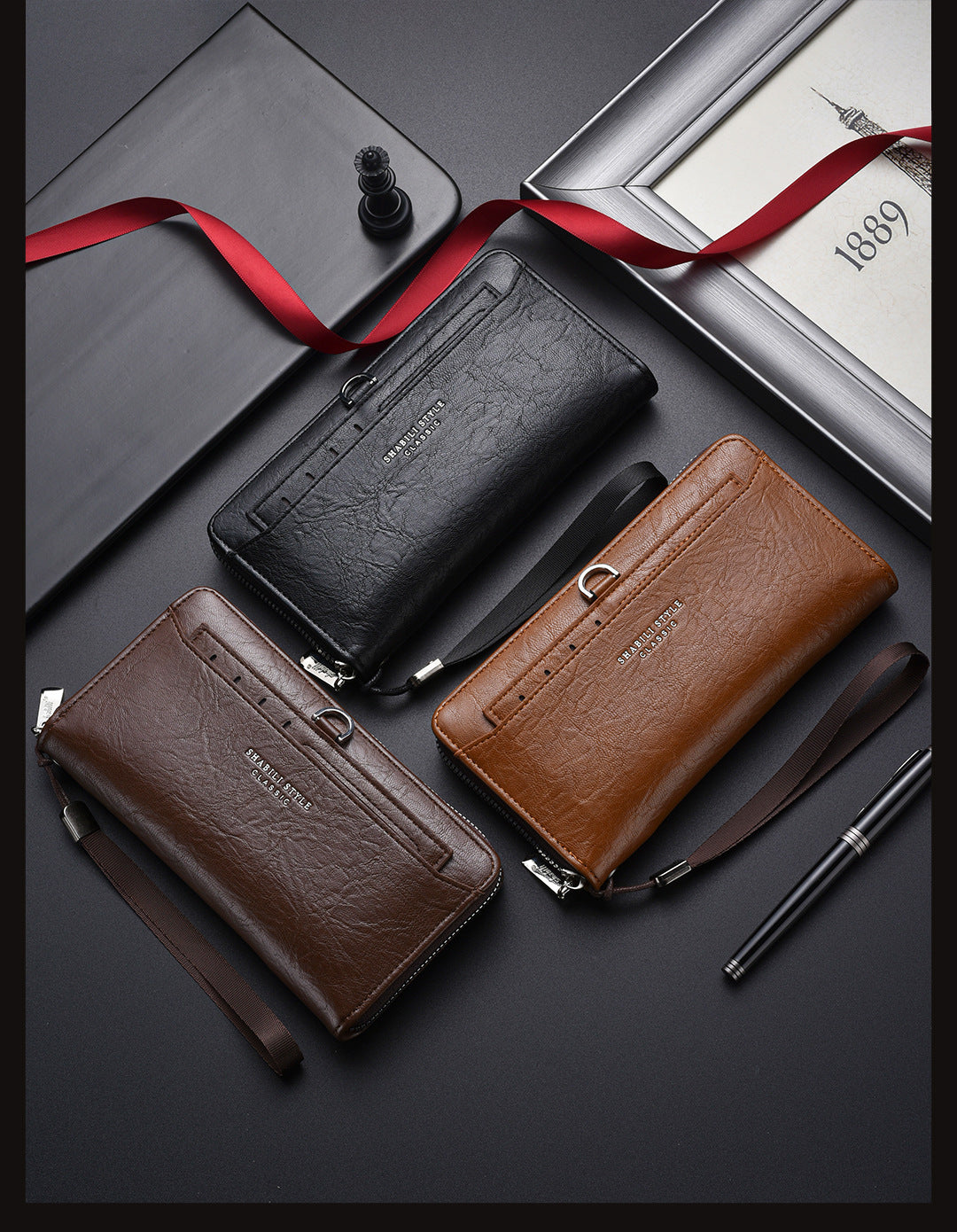 Black Classic Long Zipper Wallet Clutch - Large Capacity PU Leather Phone & Card Holder with Wrist Strap V888-ELOSUNG36002