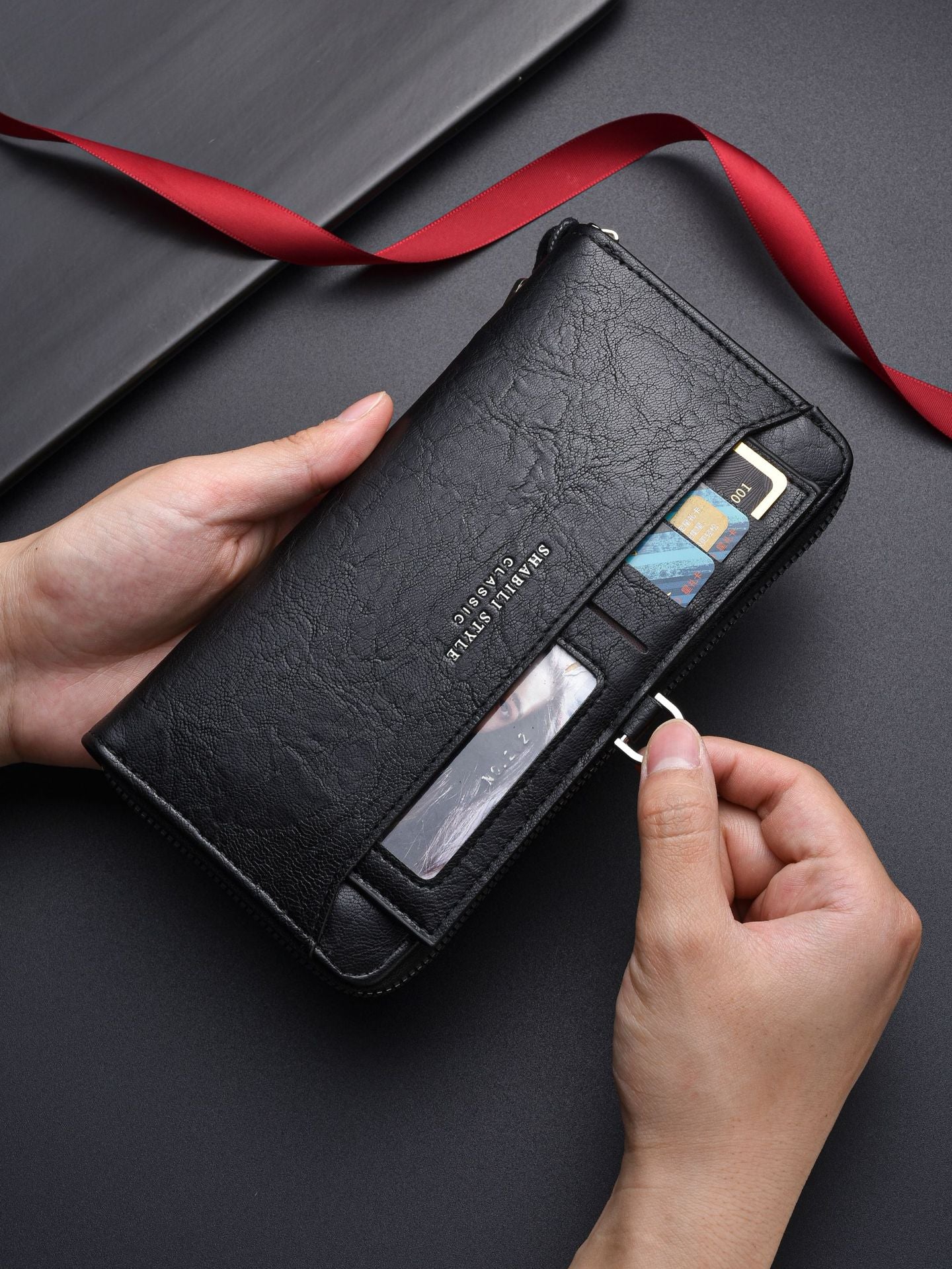 Black Classic Long Zipper Wallet Clutch - Large Capacity PU Leather Phone & Card Holder with Wrist Strap V888-ELOSUNG36002