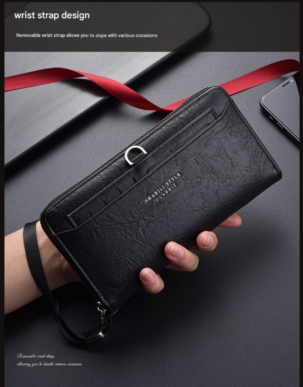 Black Classic Long Zipper Wallet Clutch - Large Capacity PU Leather Phone & Card Holder with Wrist Strap V888-ELOSUNG36002