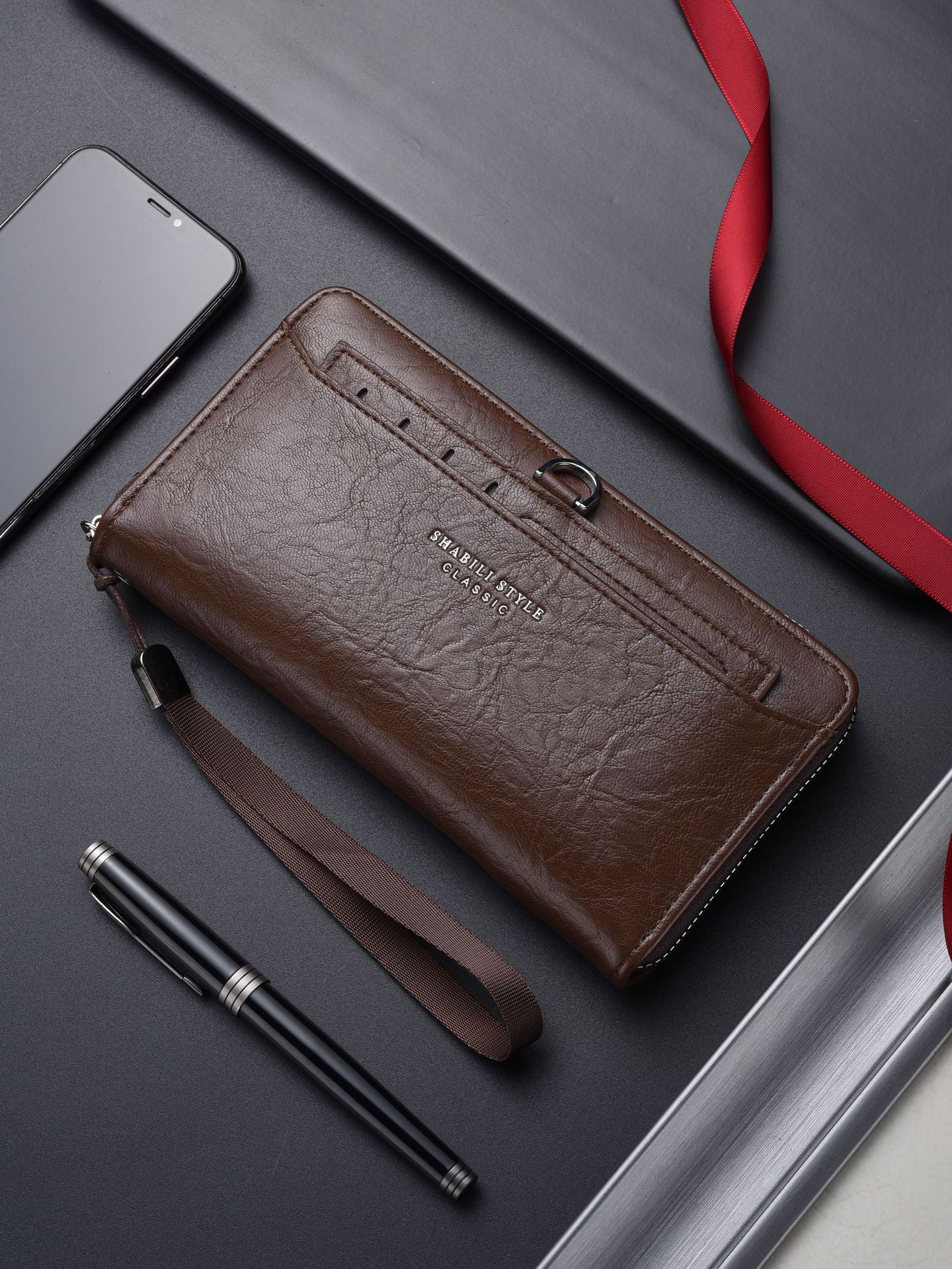 Coffee Classic Long Zipper Wallet Clutch - Large Capacity PU Leather Phone & Card Holder with Wrist Strap V888-ELOSUNG36003