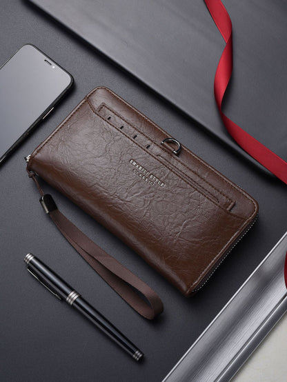 Coffee Classic Long Zipper Wallet Clutch - Large Capacity PU Leather Phone & Card Holder with Wrist Strap V888-ELOSUNG36003