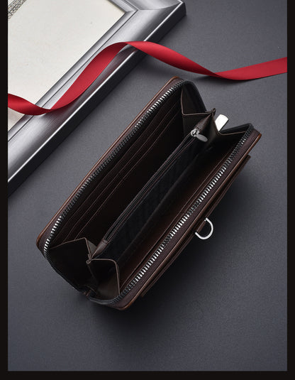 Coffee Classic Long Zipper Wallet Clutch - Large Capacity PU Leather Phone & Card Holder with Wrist Strap V888-ELOSUNG36003