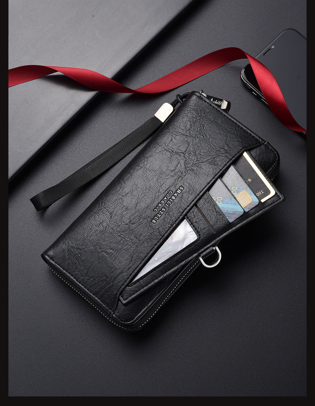 Coffee Classic Long Zipper Wallet Clutch - Large Capacity PU Leather Phone & Card Holder with Wrist Strap V888-ELOSUNG36003
