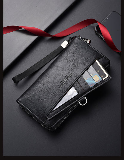 Coffee Classic Long Zipper Wallet Clutch - Large Capacity PU Leather Phone & Card Holder with Wrist Strap V888-ELOSUNG36003