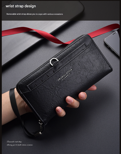 Coffee Classic Long Zipper Wallet Clutch - Large Capacity PU Leather Phone & Card Holder with Wrist Strap V888-ELOSUNG36003