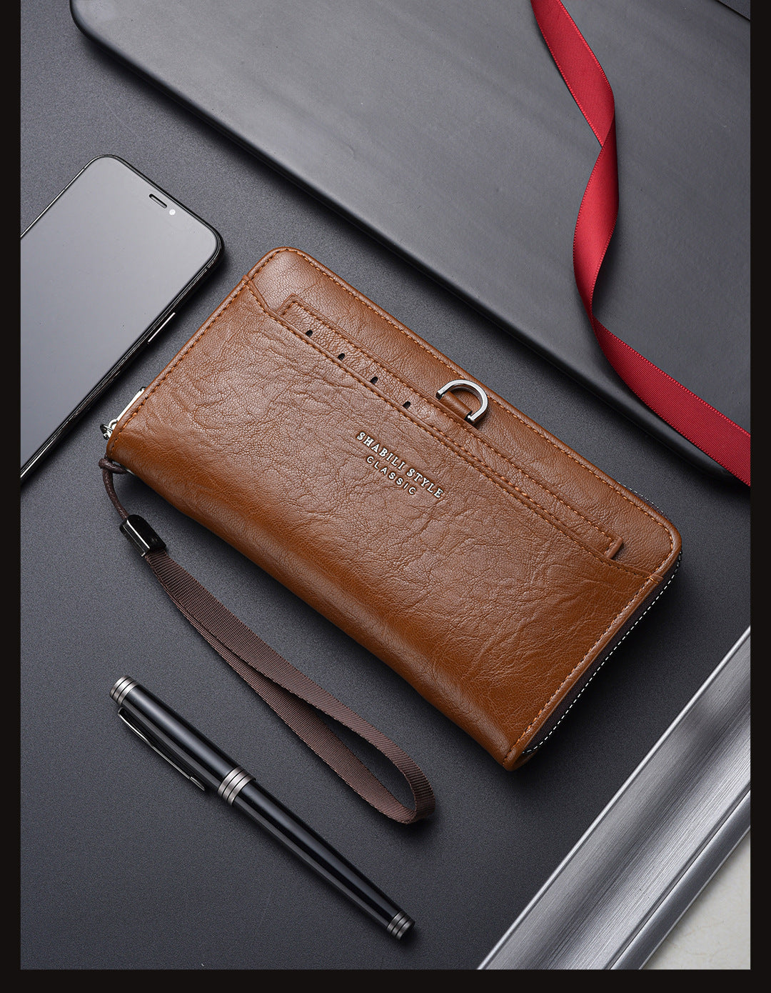 Brown Classic Long Zipper Wallet Clutch - Large Capacity PU Leather Phone & Card Holder with Wrist Strap V888-ELOSUNG36004