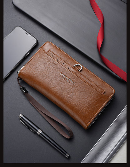 Brown Classic Long Zipper Wallet Clutch - Large Capacity PU Leather Phone & Card Holder with Wrist Strap V888-ELOSUNG36004