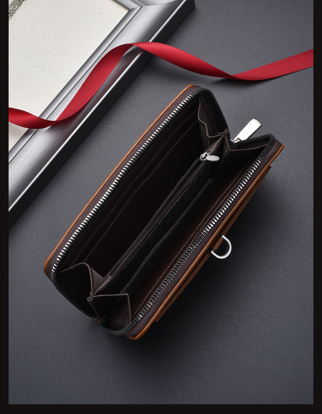 Brown Classic Long Zipper Wallet Clutch - Large Capacity PU Leather Phone & Card Holder with Wrist Strap V888-ELOSUNG36004