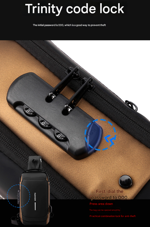 Black Men's Anti-Theft Crossbody Sling Bag with USB Charging Port & Combination Lock V888-ELOSUNG36005