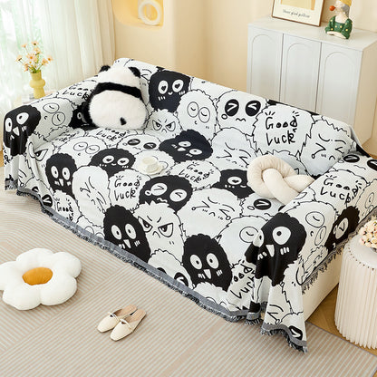 Black and white Ball Pattern Soft Waffle Weave Throw Blanket - Boho Style Cotton Blend Sofa Cover with Fringe V888-ELOSUNG36048