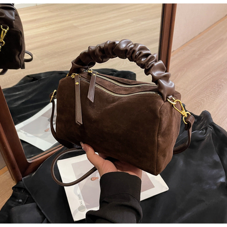 Coffee Chic Ruched Handle Crossbody Bag - Womens Faux Suede Top Handle Handbag with Detachable Strap V888-ELOSUNG36065
