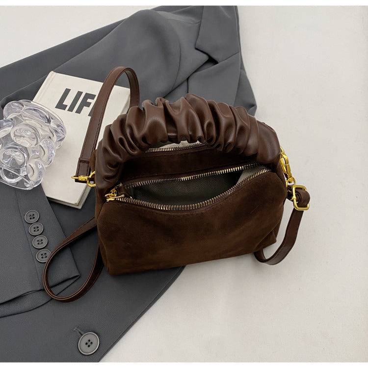 Coffee Chic Ruched Handle Crossbody Bag - Womens Faux Suede Top Handle Handbag with Detachable Strap V888-ELOSUNG36065
