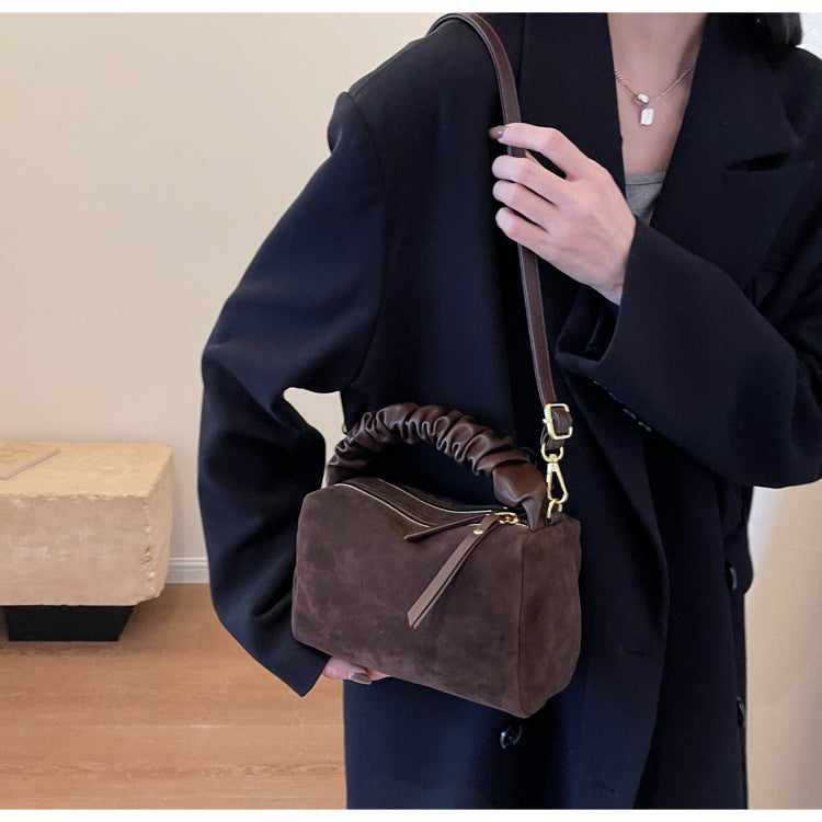 Coffee Chic Ruched Handle Crossbody Bag - Womens Faux Suede Top Handle Handbag with Detachable Strap V888-ELOSUNG36065