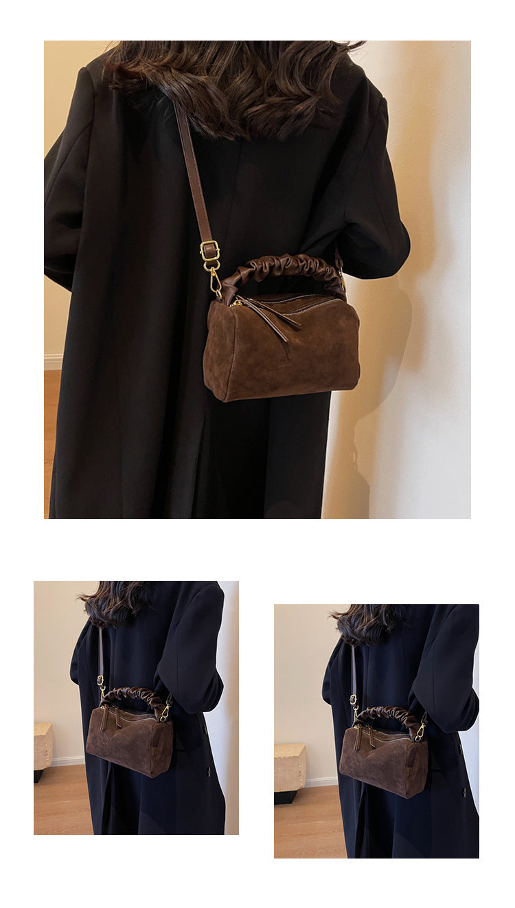 Coffee Chic Ruched Handle Crossbody Bag - Womens Faux Suede Top Handle Handbag with Detachable Strap V888-ELOSUNG36065