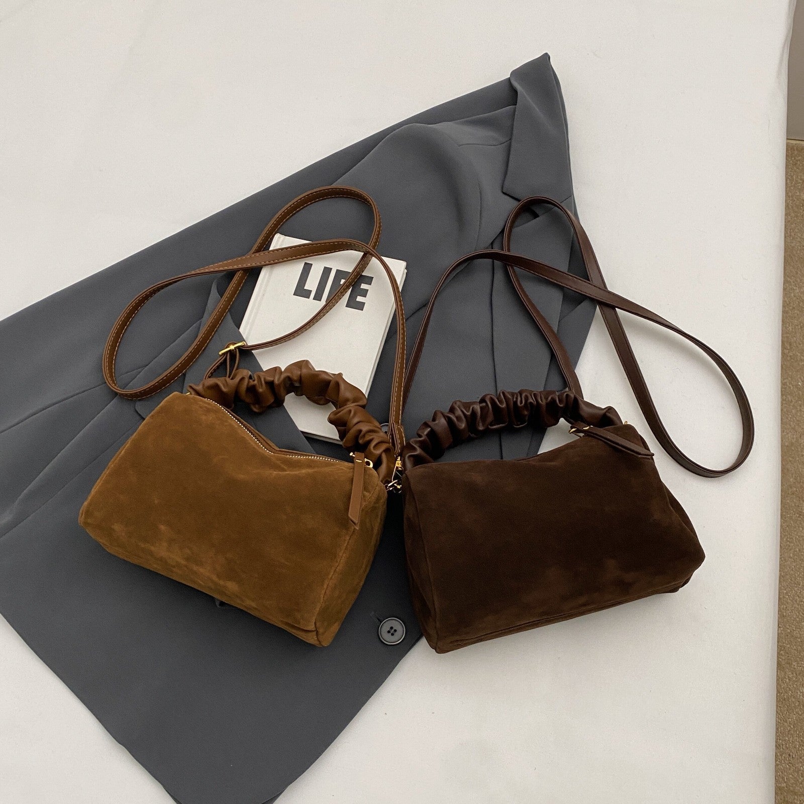 Coffee Chic Ruched Handle Crossbody Bag - Womens Faux Suede Top Handle Handbag with Detachable Strap V888-ELOSUNG36065