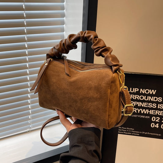 Brown Chic Ruched Handle Crossbody Bag - Womens Faux Suede Top Handle Handbag with Detachable Strap V888-ELOSUNG36066