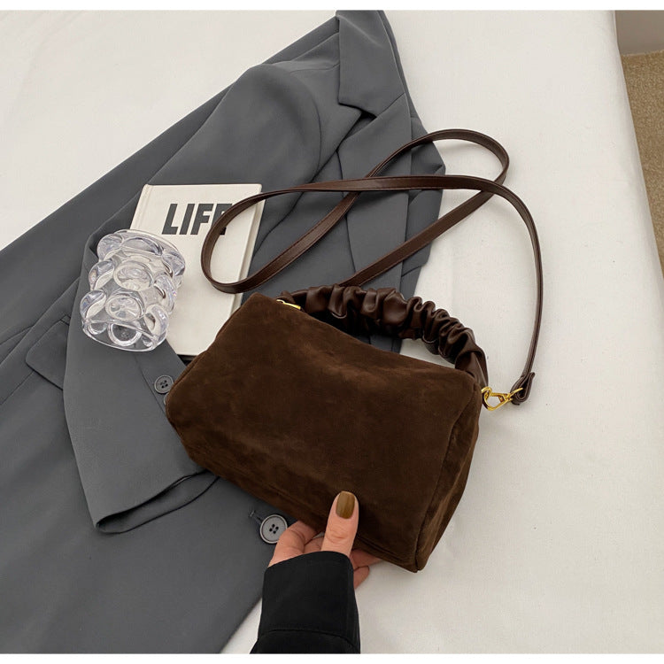 Brown Chic Ruched Handle Crossbody Bag - Womens Faux Suede Top Handle Handbag with Detachable Strap V888-ELOSUNG36066