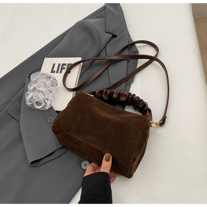 Brown Chic Ruched Handle Crossbody Bag - Womens Faux Suede Top Handle Handbag with Detachable Strap V888-ELOSUNG36066