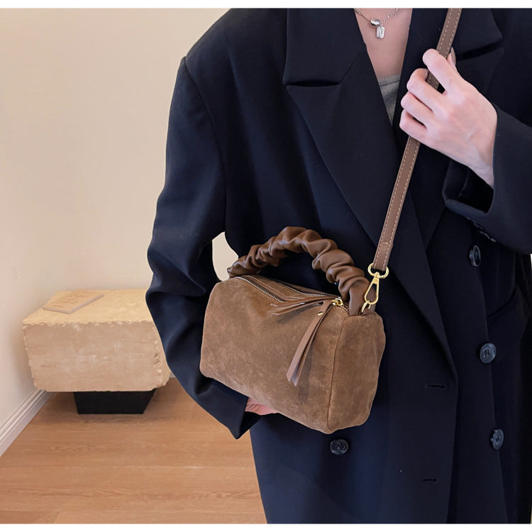 Brown Chic Ruched Handle Crossbody Bag - Womens Faux Suede Top Handle Handbag with Detachable Strap V888-ELOSUNG36066