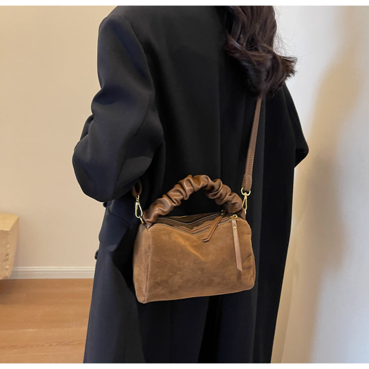 Brown Chic Ruched Handle Crossbody Bag - Womens Faux Suede Top Handle Handbag with Detachable Strap V888-ELOSUNG36066