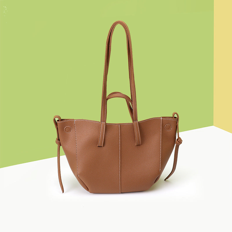 Brown Chic Minimalist PU Leather Tote Bag - Women's Versatile Shoulder Handbag with Contrast Stitching V888-ELOSUNG36067