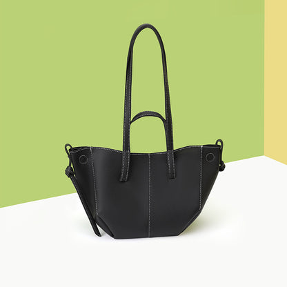 Black Chic Minimalist PU Leather Tote Bag - Women's Versatile Shoulder Handbag with Contrast Stitching V888-ELOSUNG36068