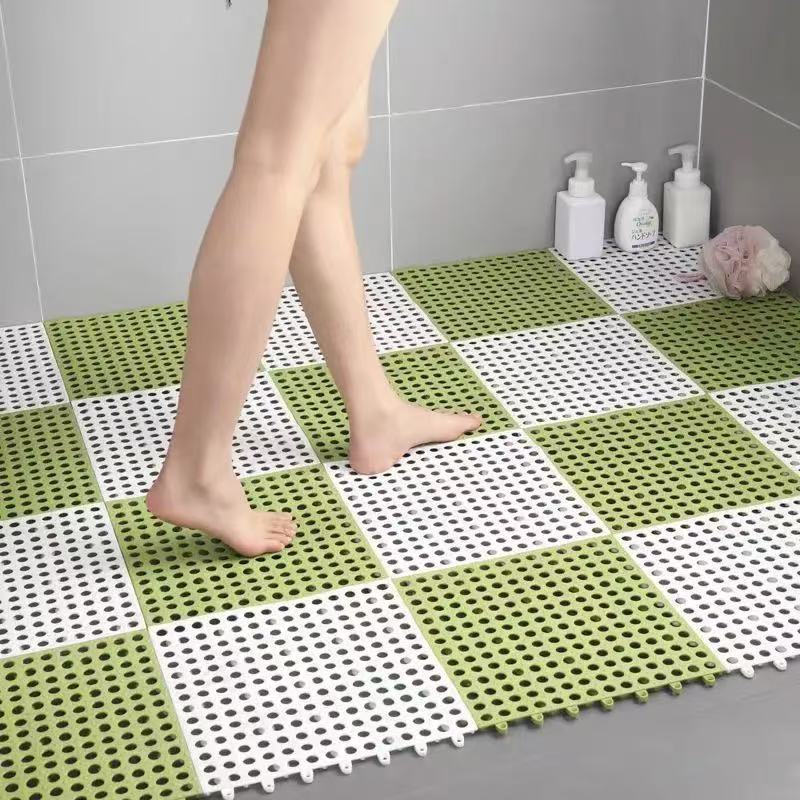 White And Green DIY Interlocking Non-Slip Floor Tiles - 18-Pack PVC Drainage Mat for Shower & Bathroom Safety V888-ELOSUNG36087